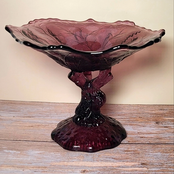 Portieux Vallerysthal Amethyst Glass Botanical Tree Trunk Pedestal Compote VTG - Picture 5 of 16